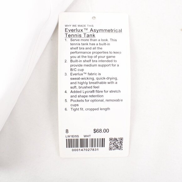 NWT Lululemon Exerlux Asymmetrical Tennis Tank Top in White Size 8 (B/C Cup) - Picture 8 of 10